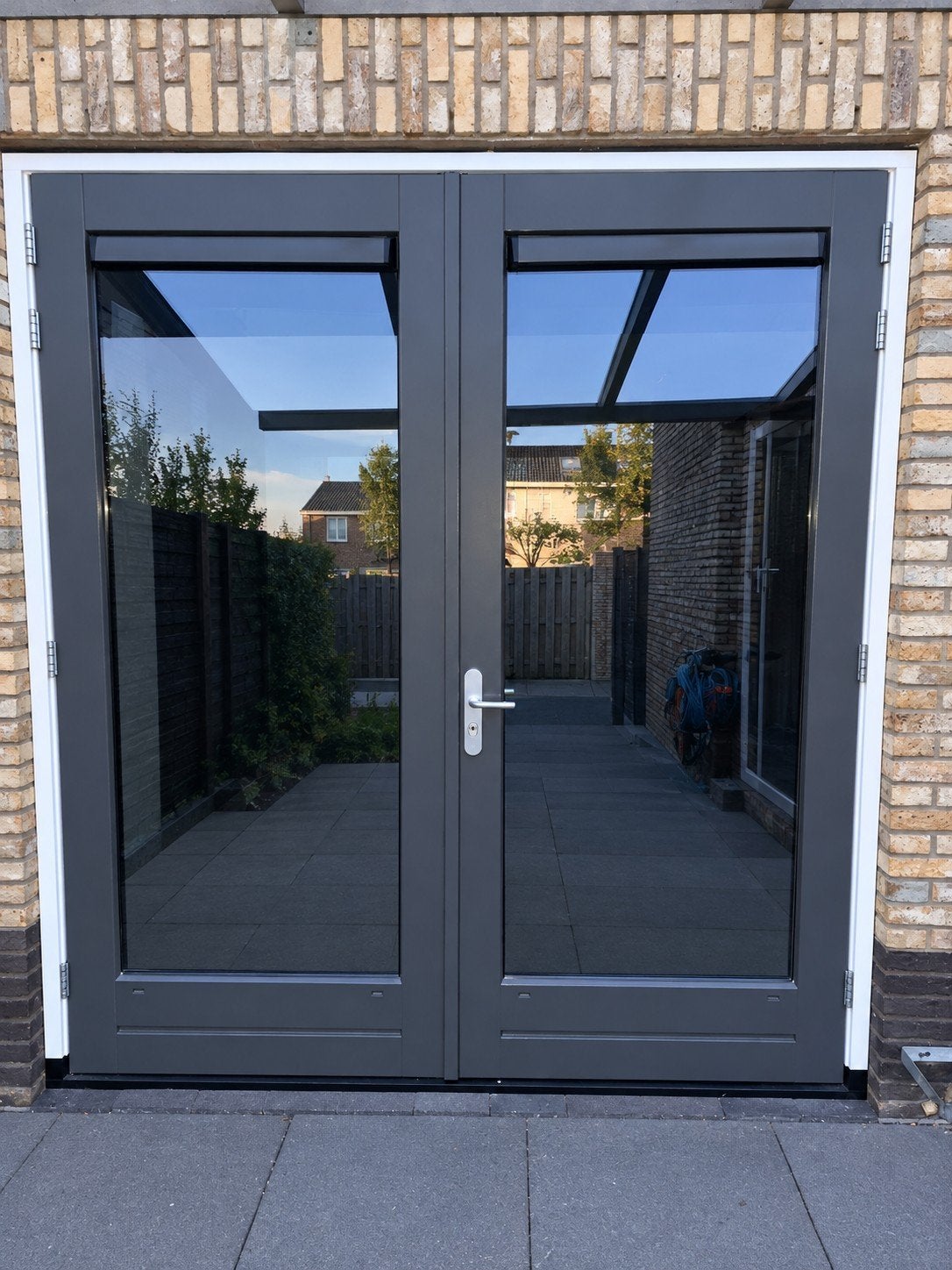 Dubbele tuindeuren met glas en bovenlichten, Doe-het-zelf en Verbouw, 200 tot 215 cm, Glas, Ophalen, 100 tot 120 cm