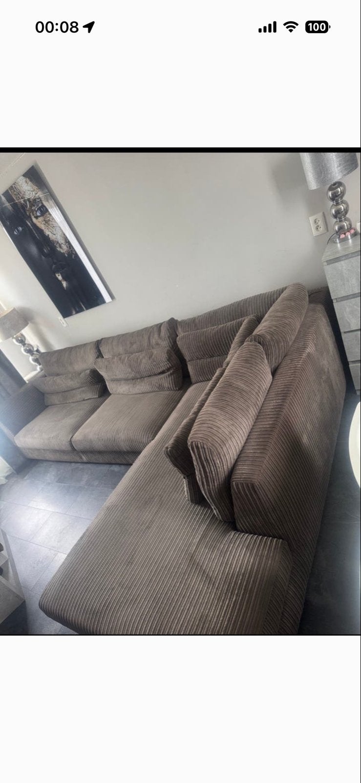 Comfortabele Hoekbank - Ribstof - Grijs/Bruin, Huis en Inrichting, Banken | Bankstellen, Ophalen, Gebruikt, 100 tot 125 cm, Hoekbank