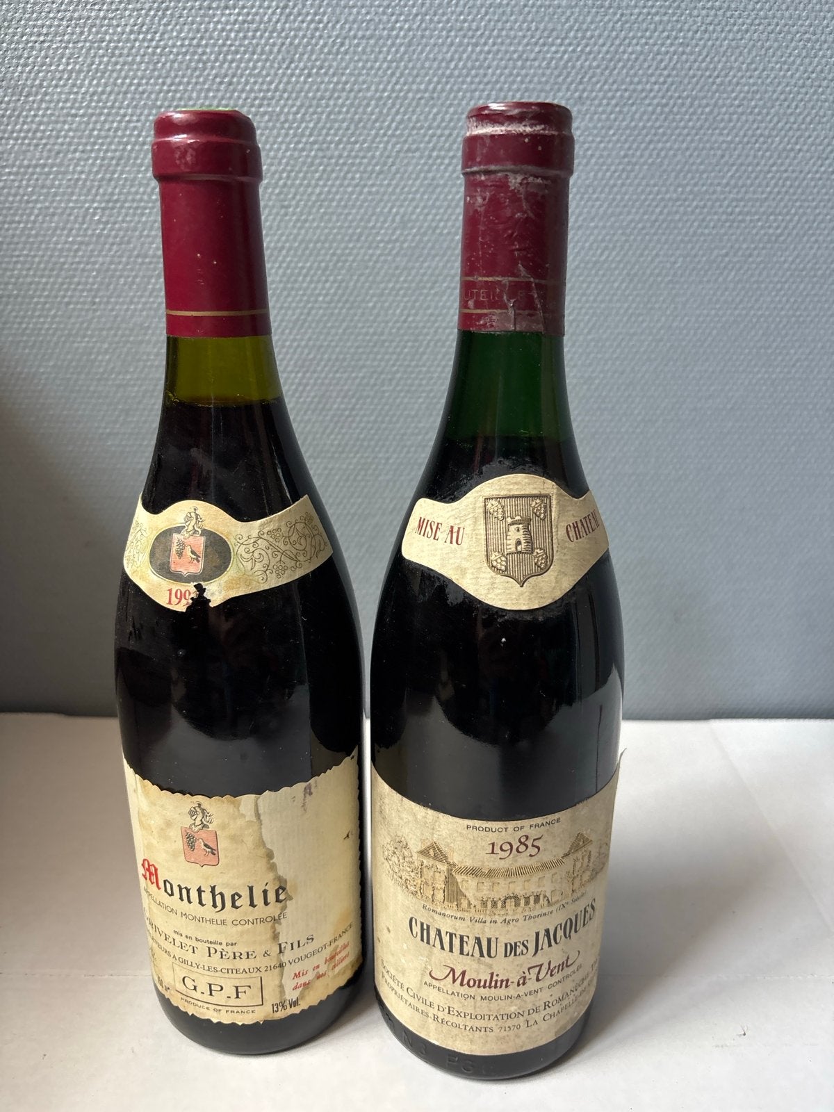 2 flessen rode wijn: Monthelie 1993 & Chateau des Jacques 19, Ophalen of Verzenden, Gebruikt, Frankrijk, Rode wijn