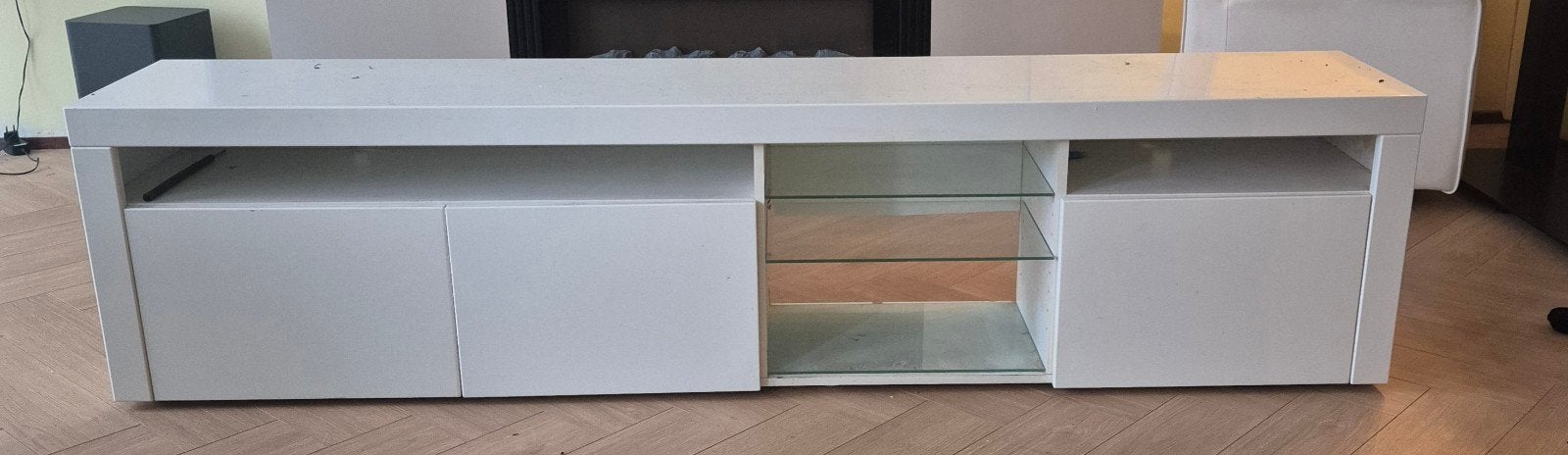 Witte hoogglans tv-meubel - L200cm x H48cm x D35cm, Ophalen, Overige materialen, Gebruikt, 150 tot 200 cm