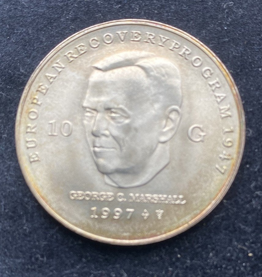 Zilveren 10 Gulden 1997 - Marshallplan (Losse munt / Zilver), Koningin Beatrix, Zilver, Ophalen of Verzenden, Losse munt