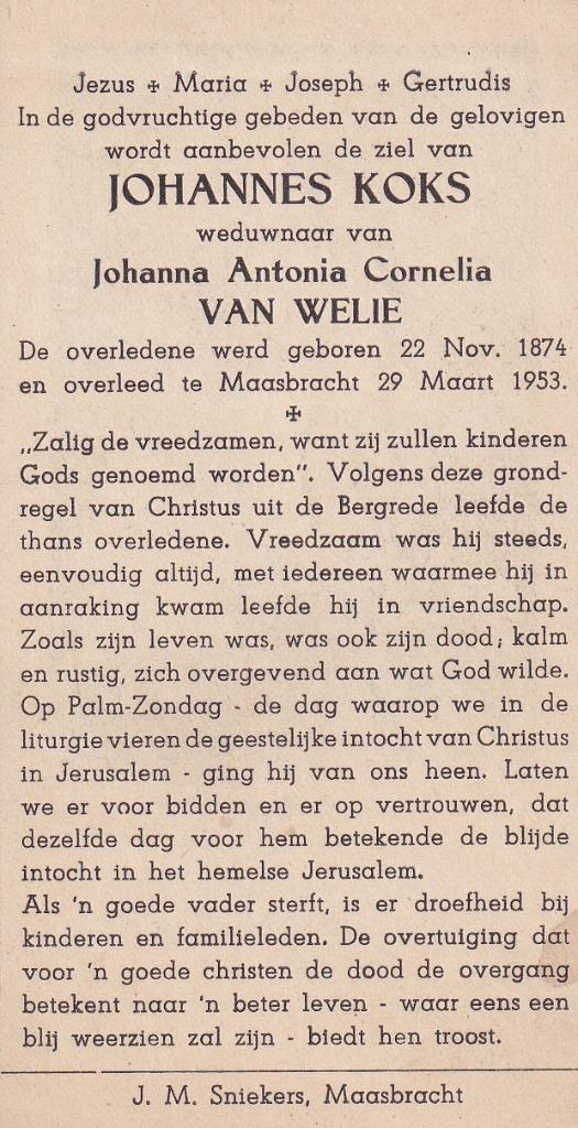 Koks Johannes 1874 - 1953 Maasbracht, Ophalen of Verzenden, Bidprentje
