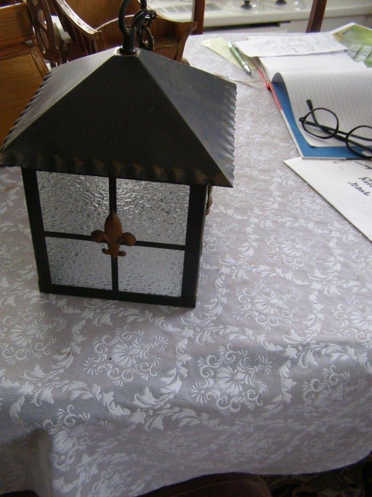 hang lantaarntje (hal?) metaal met bobbeltjesglas 15x15x28, Ophalen of Verzenden, Gebruikt, Glas, E27 (groot)