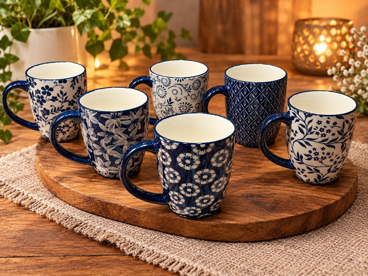Vancasso Selene Mokken Set - 6 Stuks, Blauw/Wit Porselein, Overige merken, Nieuw, Porselein, Mok