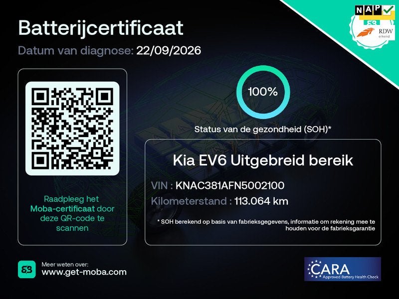 Kia EV6 Plus 77.4 kWh SOH 100% Trekhaak 1e EIG NL-Auto Rijkl, Auto's, Automaat, 228 pk, Achterwielaandrijving, Gebruikt