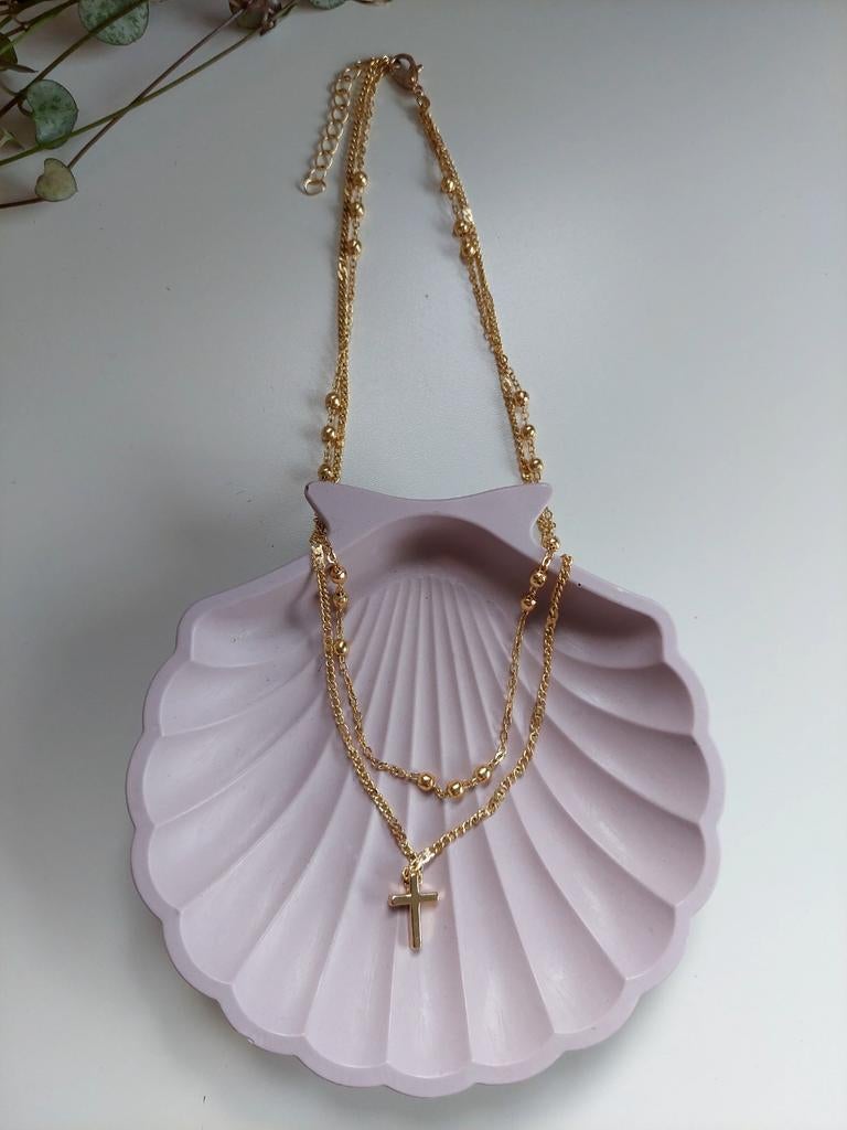 Goudkleurige dubbele ketting met kruisje, nieuw, Overige materialen, Verstelbaar, Nieuw, Ophalen of Verzenden