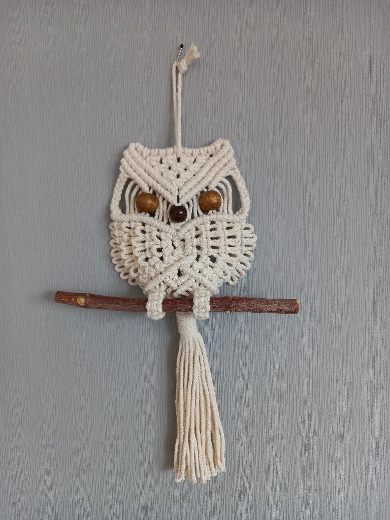Macramé uil 3, Huis en Inrichting, Woonaccessoires | Wanddecoraties, Nieuw, Wandhanger, Boho, Wit, Natuurlijk materiaal, Handgemaakt