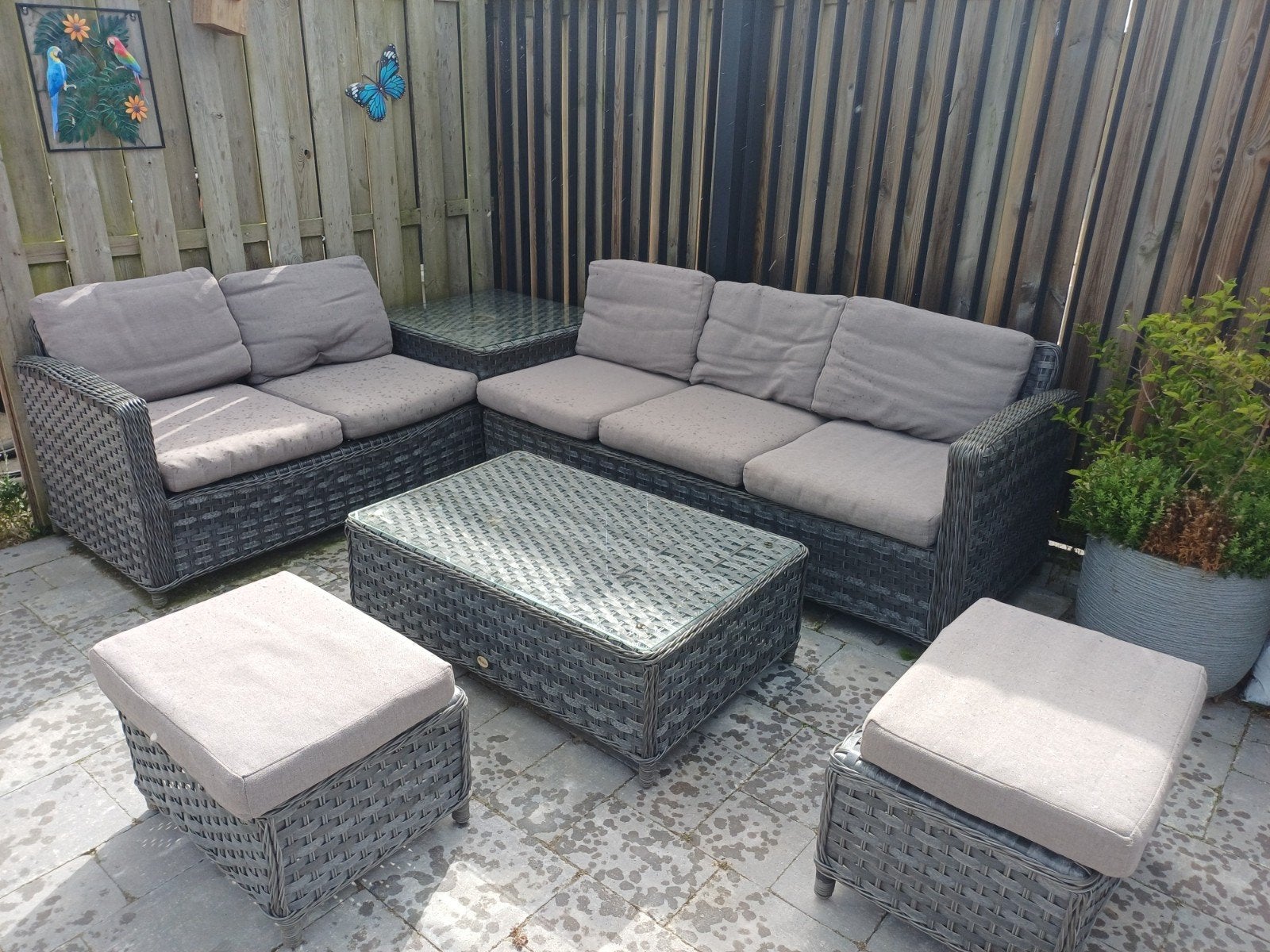 Complete Loungeset met Kussens en Tafels, Ophalen, 5 zitplaatsen, Gebruikt, Bank