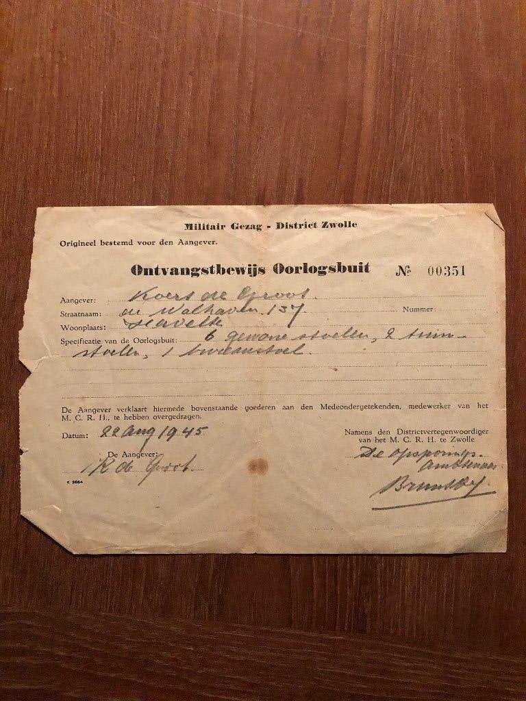 22-8-1945 Havelte, Zwolle. Ontvangstbewijs Oorlogsbuit. Mil-, Gelezen, Ophalen of Verzenden, Militair Gezag District Zwolle, Algemeen
