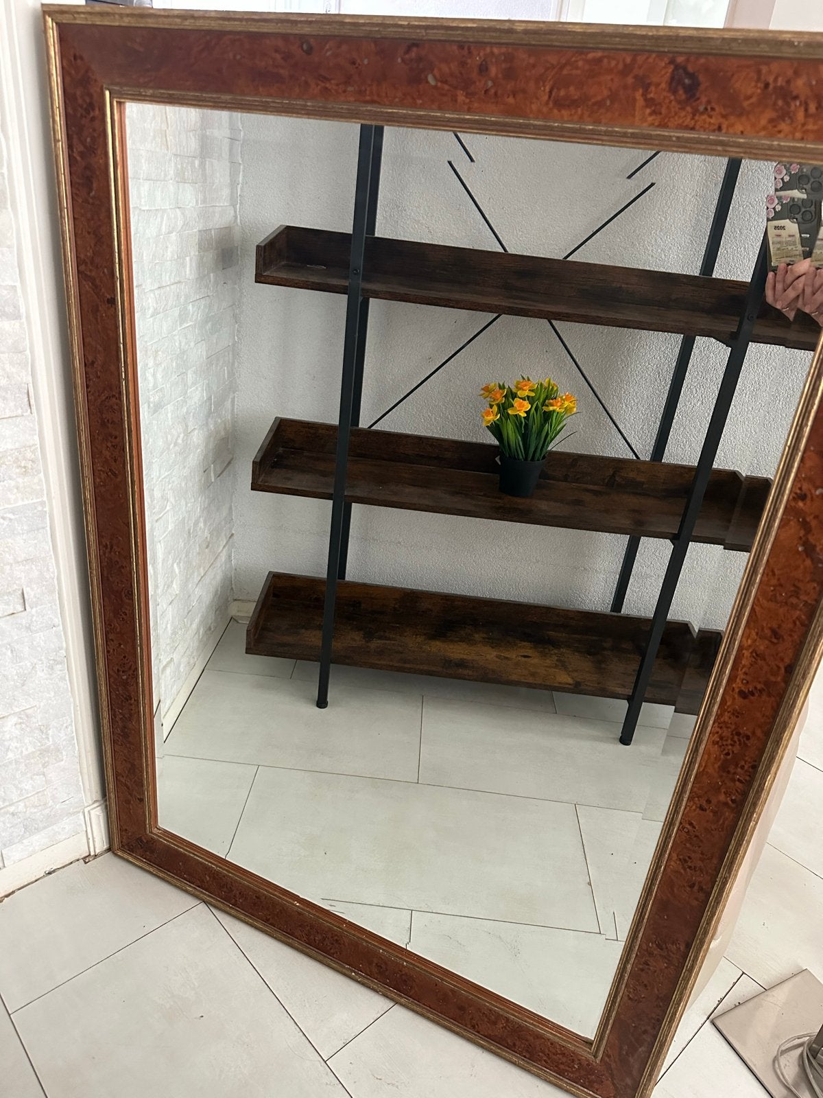 Vintage Spiegel met Bruin en Goudkleurig Frame - 115x83cm, Ophalen of Verzenden, Rechthoekig, 50 tot 100 cm, 100 tot 150 cm
