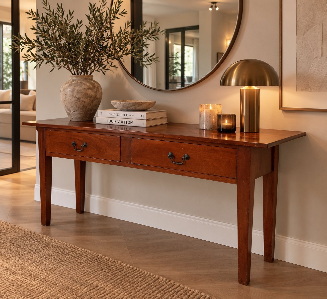Stijlvolle houten sidetable/wandtafel met twee lades, Ophalen