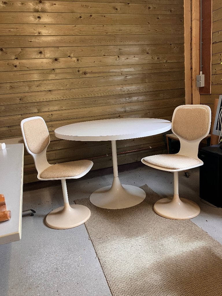 Jaren 70 vintage eettafel en stoelen, Ophalen, Gebruikt, 100 tot 150 cm, Rond