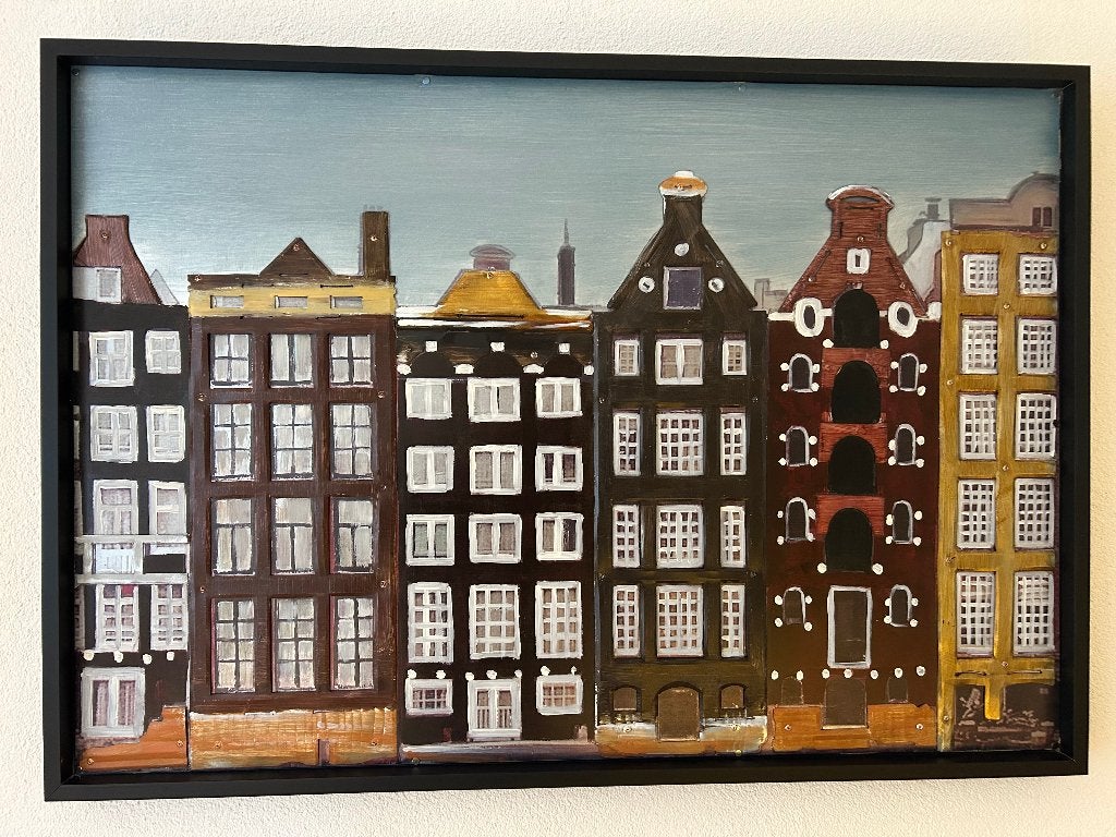 3D Metalen schilderij met grachtenpandjes, Huis en Inrichting, Woonaccessoires | Schilderijen, Tekeningen en Foto's, Ophalen, 50 – 75