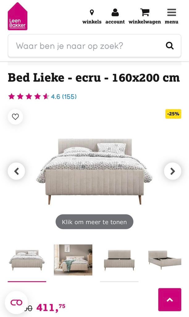 Bed Lieke - ecru - 160x200 cm + Slatted base, Ophalen, Tweepersoons, Zo goed als nieuw, 160 cm