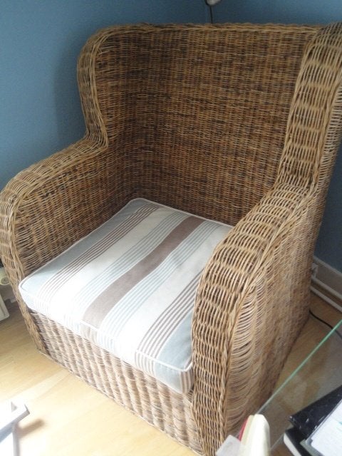 grote luxe RIETEN FAUTEUIL + KUSSEN / rotan stoel, Huis en Inrichting, Fauteuils, Ophalen, Beach, landelijk, Minder dan 75 cm