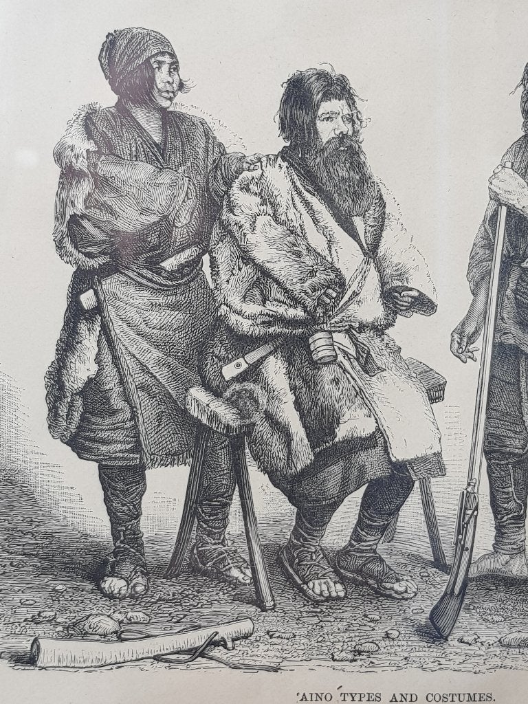 Aino types and costumes antieke ingelijste ets uit Engeland., Ophalen of Verzenden, Ets, Ingelijst, 1800 - 1899