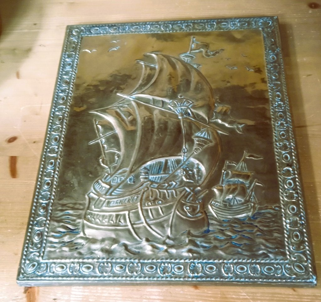 Grote koperen plaat van een zeilschip, Ophalen of Verzenden, Koper