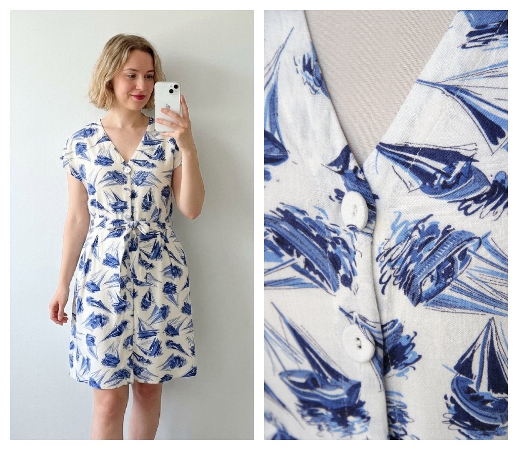King Louie - jurk met zeilbootprint wit blauw - maat 34, Kleding | Dames, Verzenden, Wit, Zo goed als nieuw, King Louie