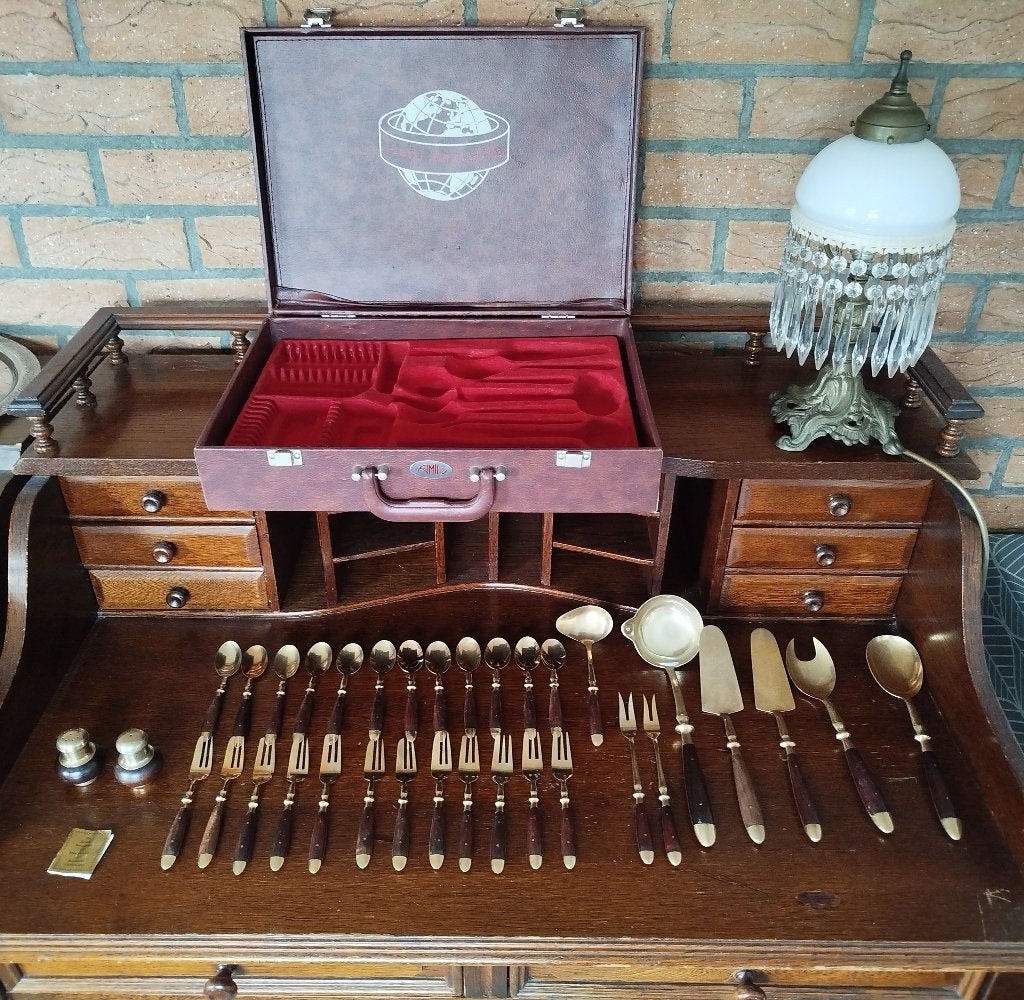 AMIL vintage bronsen bestekset met rozenhout (35-delig), Ophalen of Verzenden