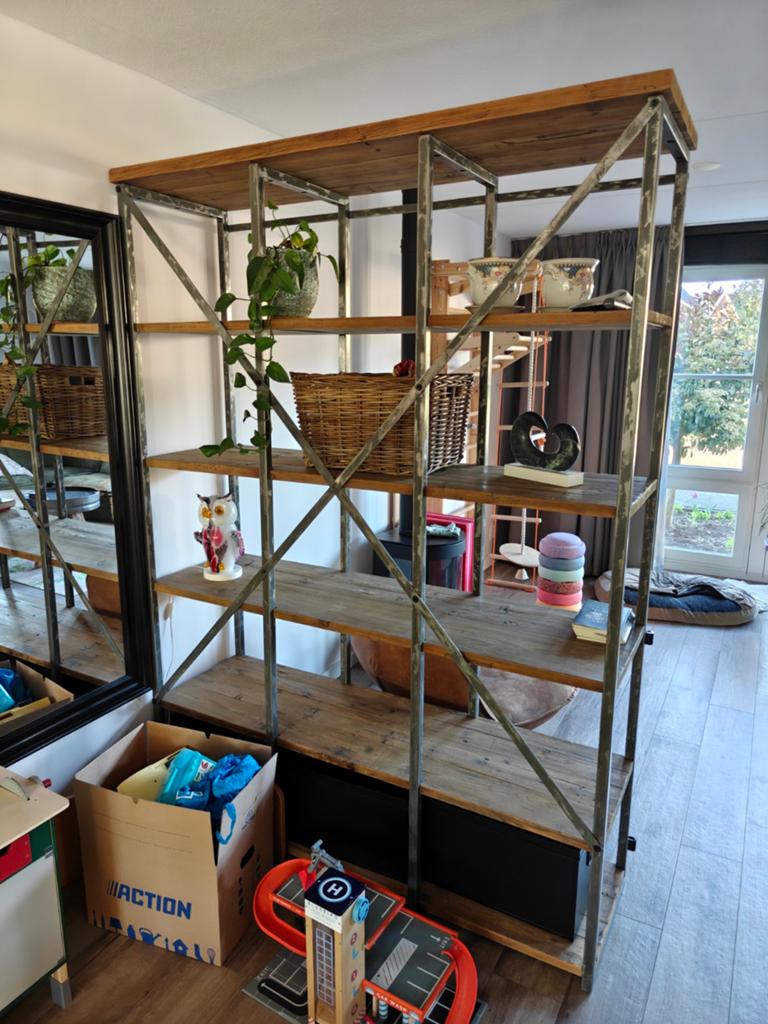 Stoere industriële kast - hout en staal - demonteerbaar, Met plank(en), Gebruikt, 200 cm of meer, Industrieel, Landelijk