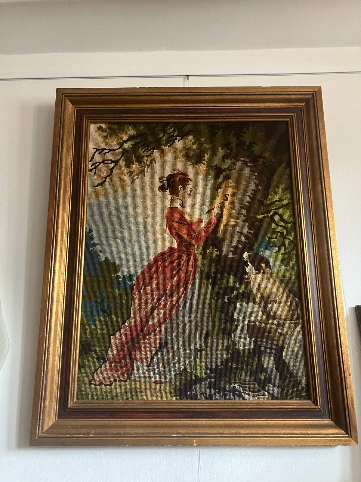 Vintage Gobelin Schilderij Dame met Hond 60x75 cm, Ophalen of Verzenden, Gebruikt, 50 tot 75 cm, Schilderij
