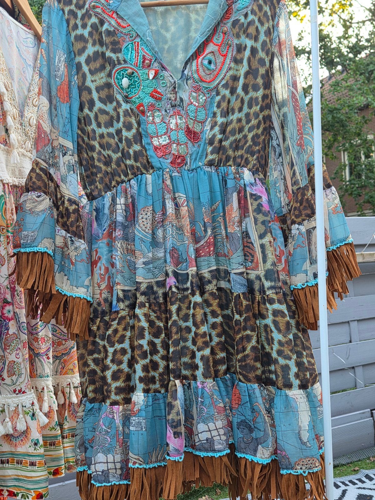 Boho Chic Jurk met Luipaardprint en Kralen, Maat 38/40 (M), Flamenco Rosa, Meerkleurig, Ophalen of Verzenden