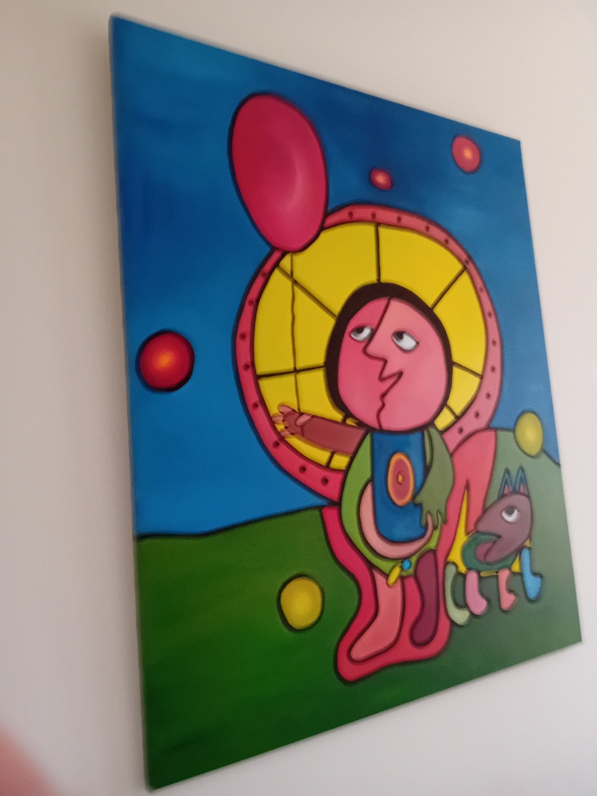 Modern Abstract Schilderij: Figuur met Hond en Ballon, Op houten frame, Ophalen of Verzenden, Textiel, Figuren