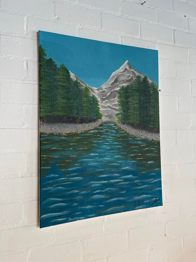 Schilderij: Berglandschap Rivier artwork  doek canvas paint, Ophalen