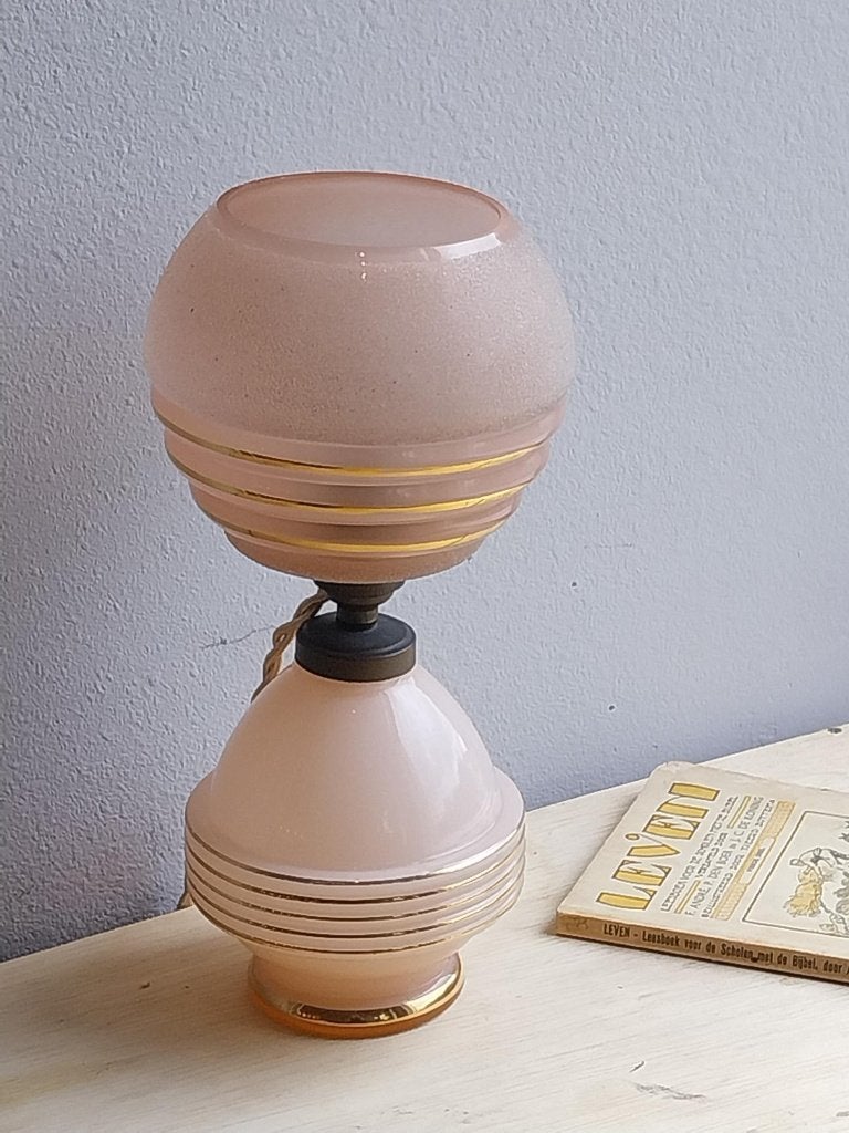 Art Deco tafellamp roze glas met goudlijnen, Antiek en Kunst, Ophalen of Verzenden