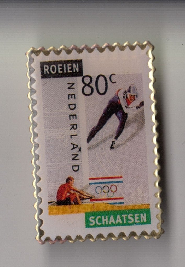 Olympische Spelen Roeien Schaatsen Postzegel pin, Verzamelen, Gebruikt, Niet vindbaar, Niet vindbaar, Speldje of Pin