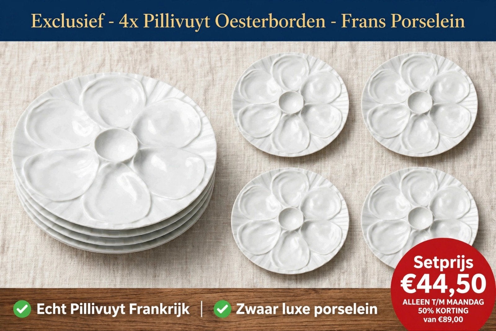 4 Pllivuyt oesterborden met gratis oestermessen., Ophalen of Verzenden