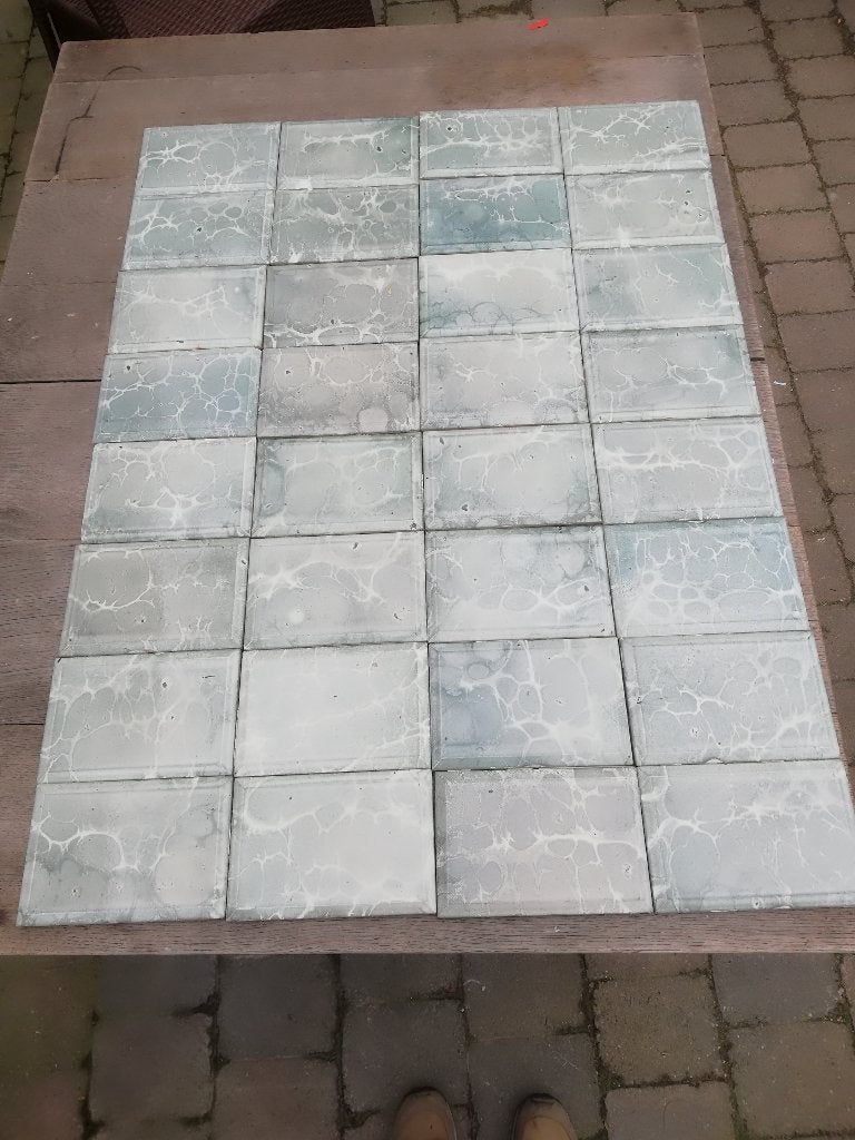 Prachtig achter kachel/fornuis 96x72cm grijsgroen gemarmerd, Antiek en Kunst, Ophalen