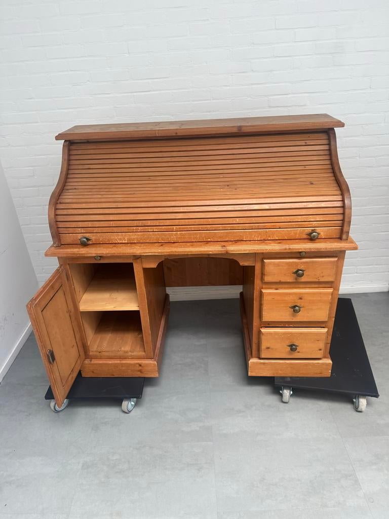 Vintage Rolbureau Kast - Massief Hout, Huis en Inrichting, Bureaus, Gebruikt, Ophalen of Verzenden, Bureau-kast combinatie, Hout