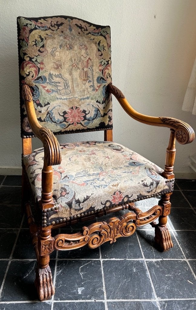 Fauteuil vintage 17e eeuw tapisserie ridderstoel, Antiek en Kunst, Antiek | Meubels | Stoelen en Banken, Ophalen