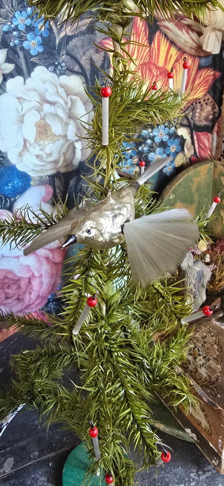 Antieke kersthanger vogel met glasvezel vleugels en staart, Ophalen of Verzenden