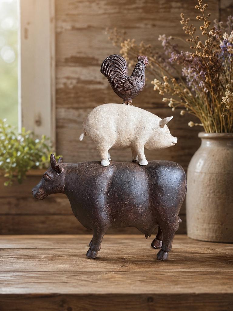 Boerderijdieren stapelbeeld: Koe, Varken, Haan - 34 cm, Verzamelen, Dierenverzamelingen, Ophalen of Verzenden, Zo goed als nieuw