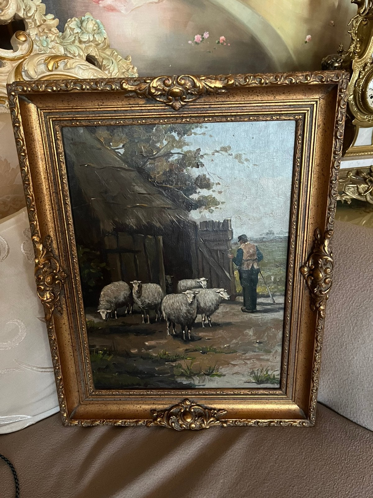 Prachtige olieverf herder met schapen schilderij, Antiek en Kunst, Ophalen