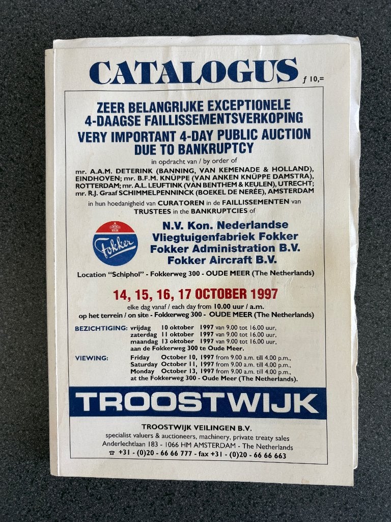 Troostrijk veilingcatalogus Fokker 1997, Boeken, Gelezen, Ophalen of Verzenden, Troostwijk, Catalogus
