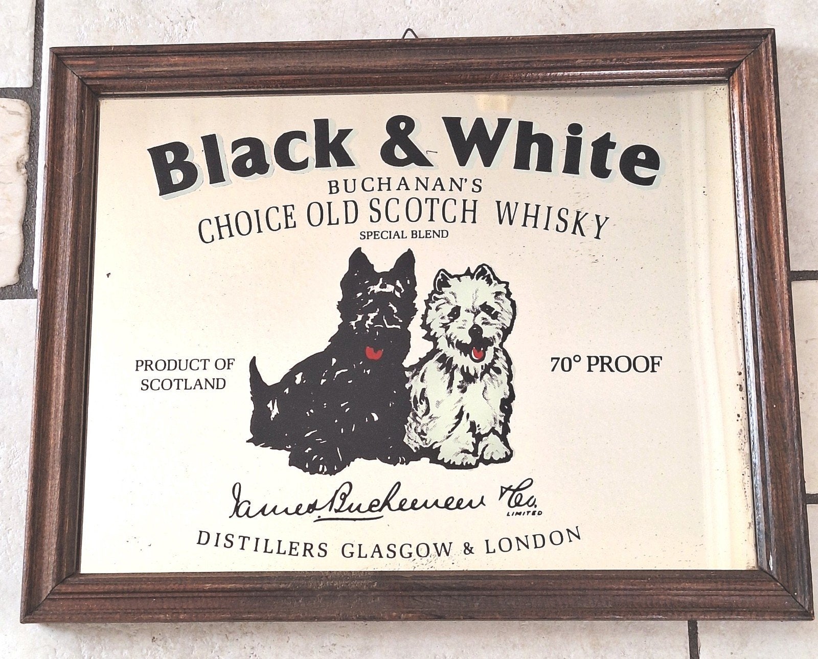 Vintage Black & White Whisky spiegel - Schotse terriërs, Ophalen, Gebruikt, Reclamebord