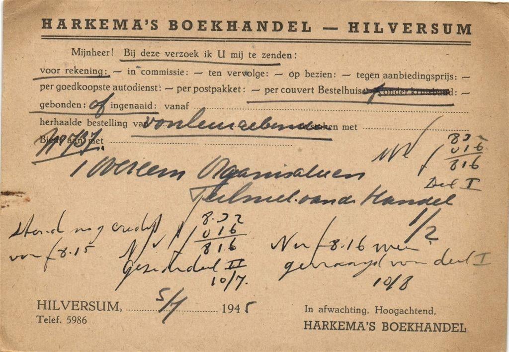 Harkema Boekhandel, Hilversum - 07.1945 - bestelkaart, Ophalen of Verzenden, Briefkaart