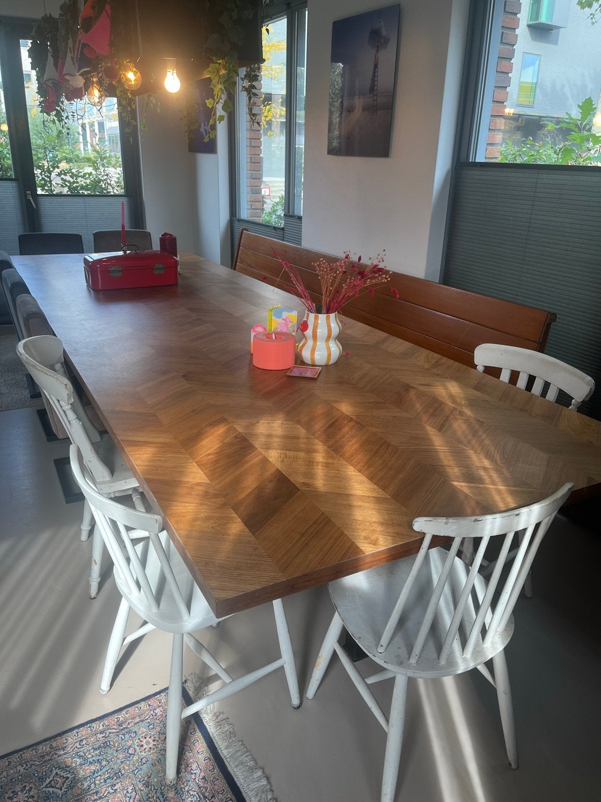 Unieke handgemaakte tafel met ijzeren poten, Ophalen, Gebruikt, 100 tot 150 cm, 200 cm of meer