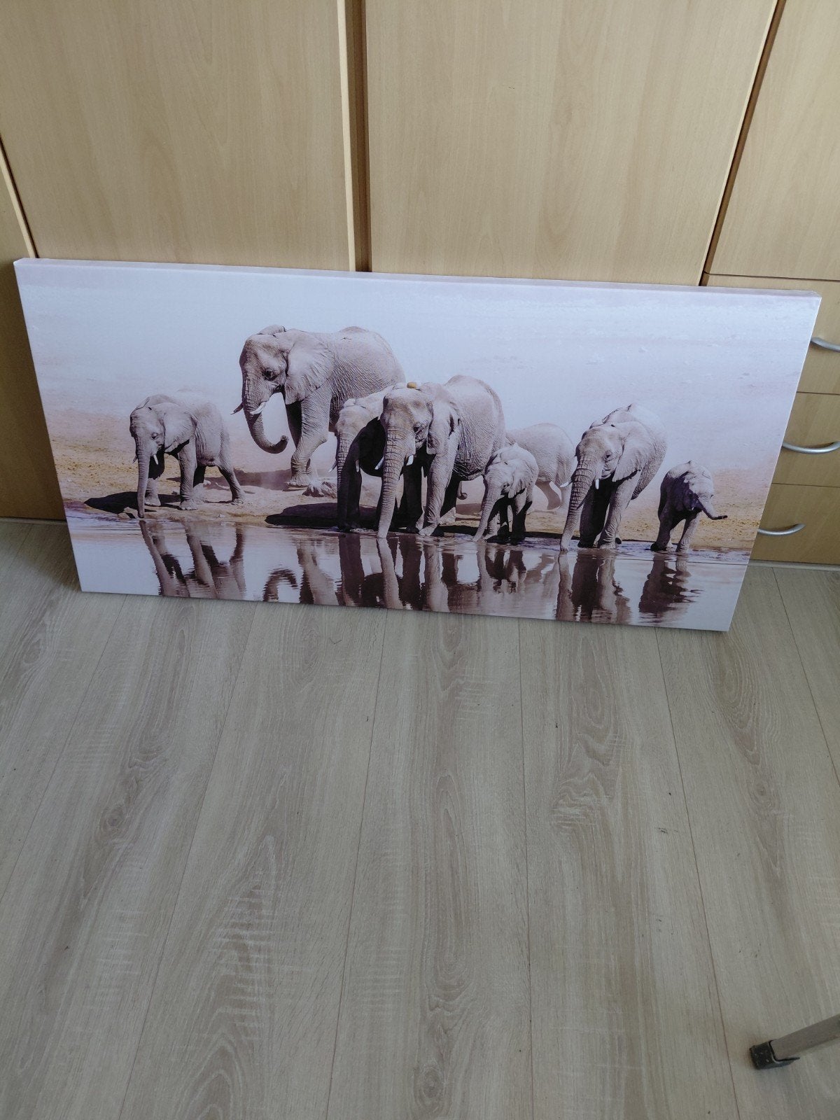 Schilderij olifanten bij drinkplaats - 120x60 cm, Ophalen, 50 – 75, Gebruikt, Schilderij