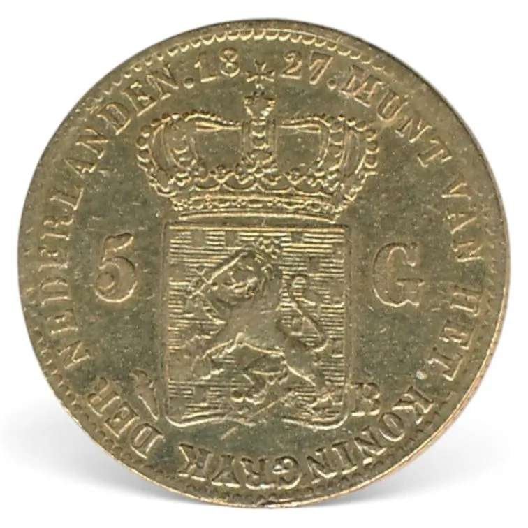 Nederland 5 Gulden 1827 Brussel Willem 1 (Fraai), Ophalen of Verzenden, Goud