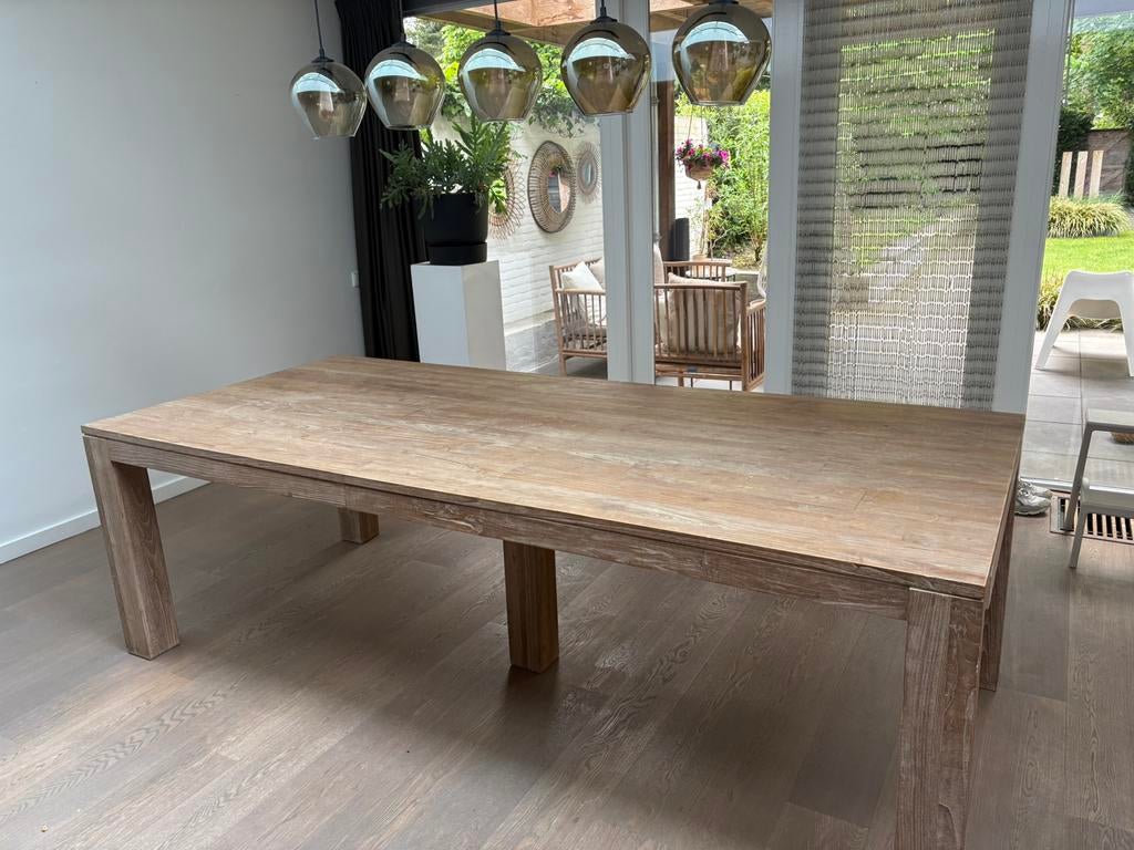 Eetkamer tafel Teak Old Grey 250 x 110 cm, Ophalen, 100 tot 150 cm, 200 cm of meer, Zo goed als nieuw
