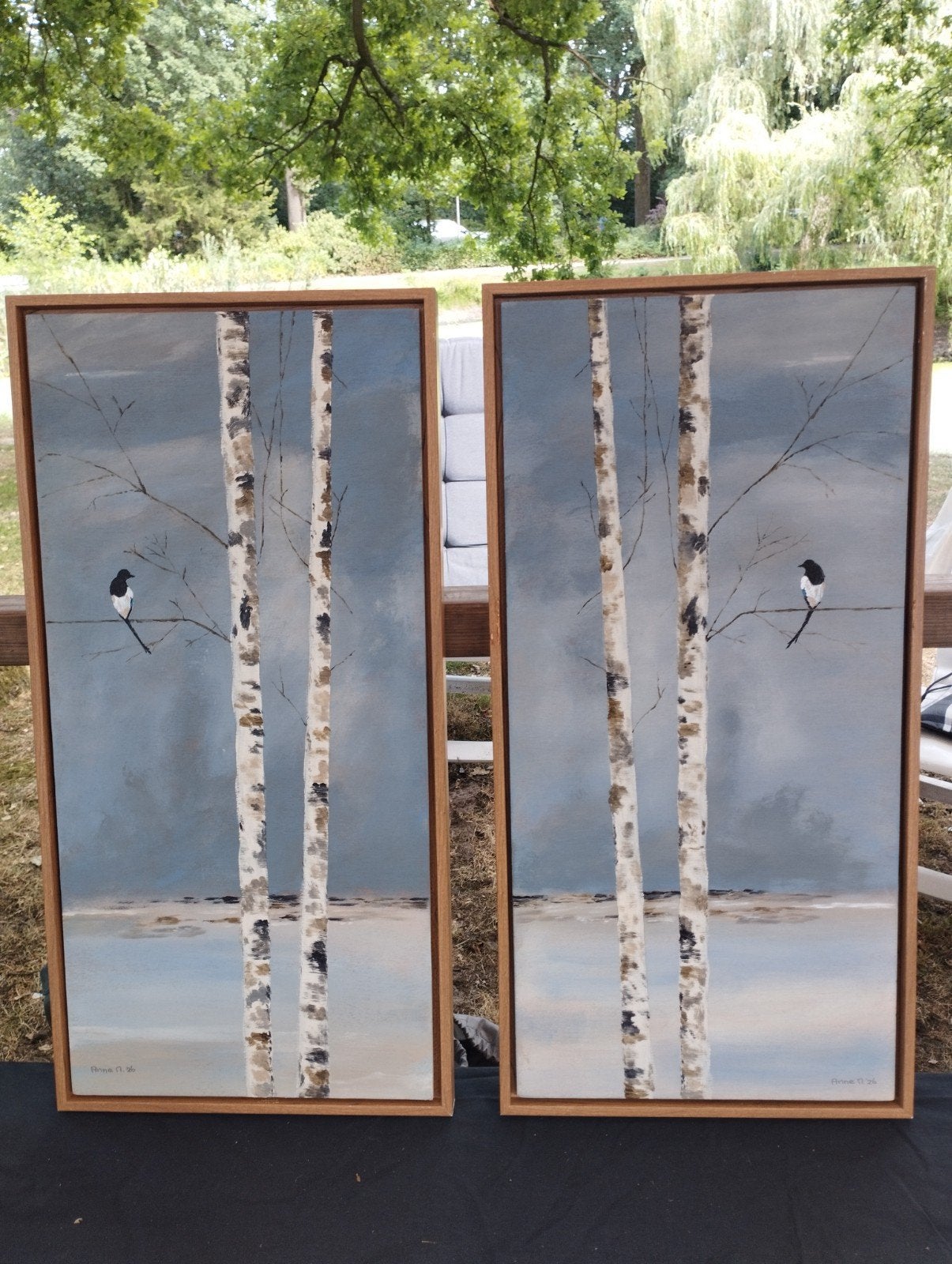 2 luik berken met ekster incl lijst. Afm ca 30x60 cm, Ophalen of Verzenden
