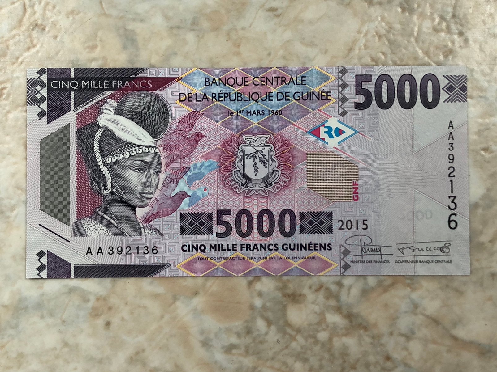 5000 guinees 2015, Guinee., Verzenden, Zuid-Azië, Los biljet