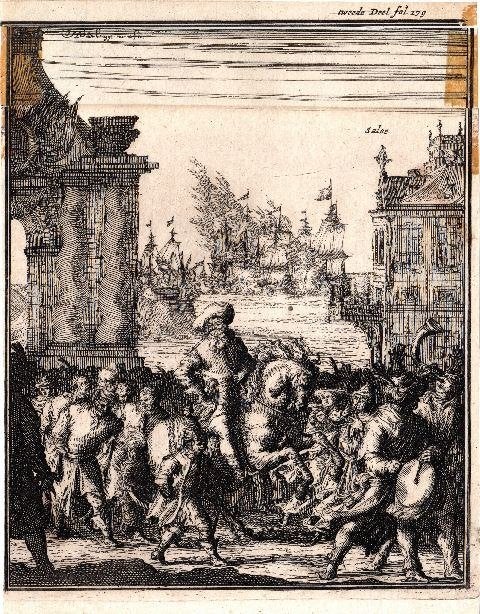 Gravure Daden der doorluchtige zeehelden, Padtbrugge, 1676, Antiek en Kunst, Kunst | Etsen en Gravures, Verzenden, Militair, Gravure
