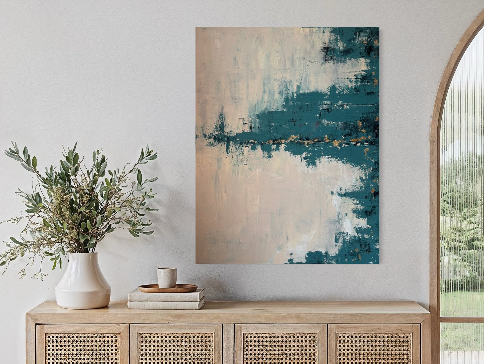 Abstract schilderij | Blauwgroen & goud | 90x70 cm, Ophalen of Verzenden
