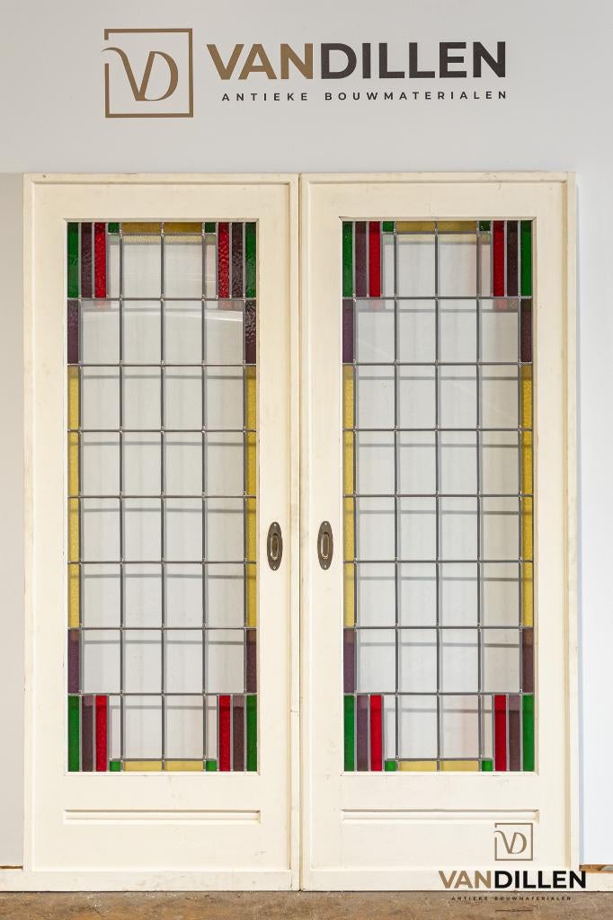 Set antieke ensuite schuifdeuren glas in lood 213.5 x 82