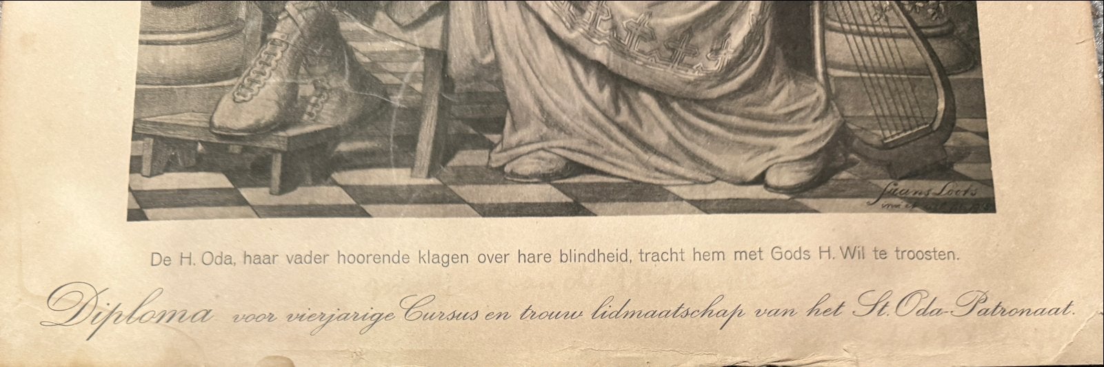 Antieke prent H. Oda met haar vader, St. Oda-Patronaat, Ophalen of Verzenden